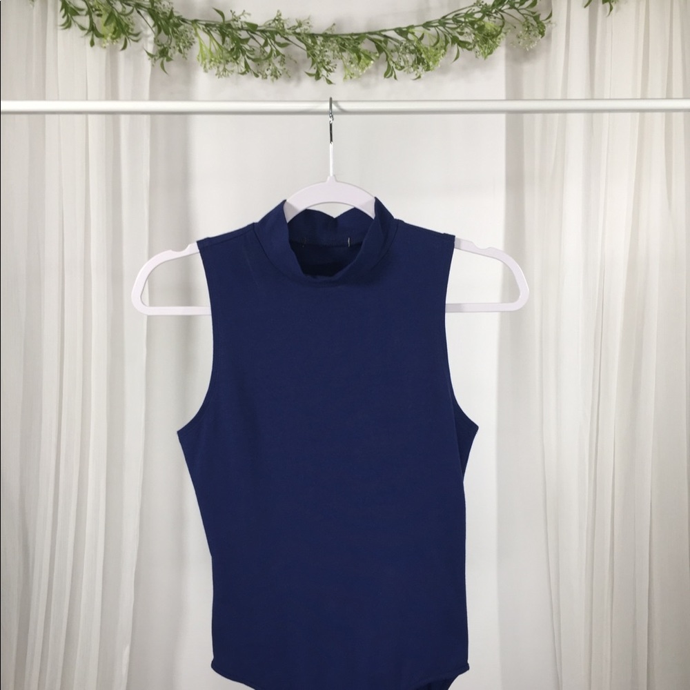 Sleeveless Blue Mock Neck Bodysuit